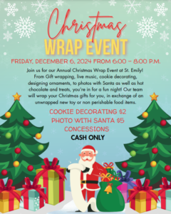 Announcement for a Christmas Wrap Event details for Dec 6