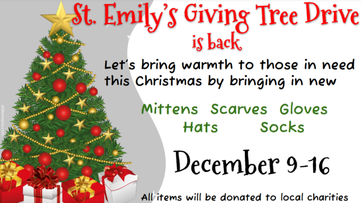 a graphic to communicate the dates for donations of mittens, scarves, hats, socks and gloves